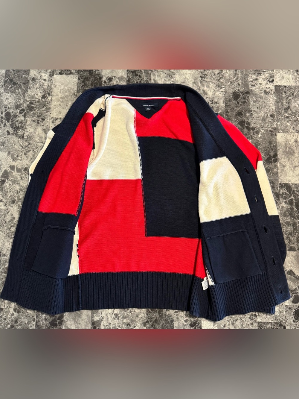 Tommy Hilfiger Men's Navy, Red & White Colorblock Cardigan - Picture 4 of 7